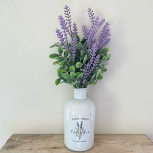 Farm Fresh White Vase with Faux Lavender and Green Accents Handmade Arrangement